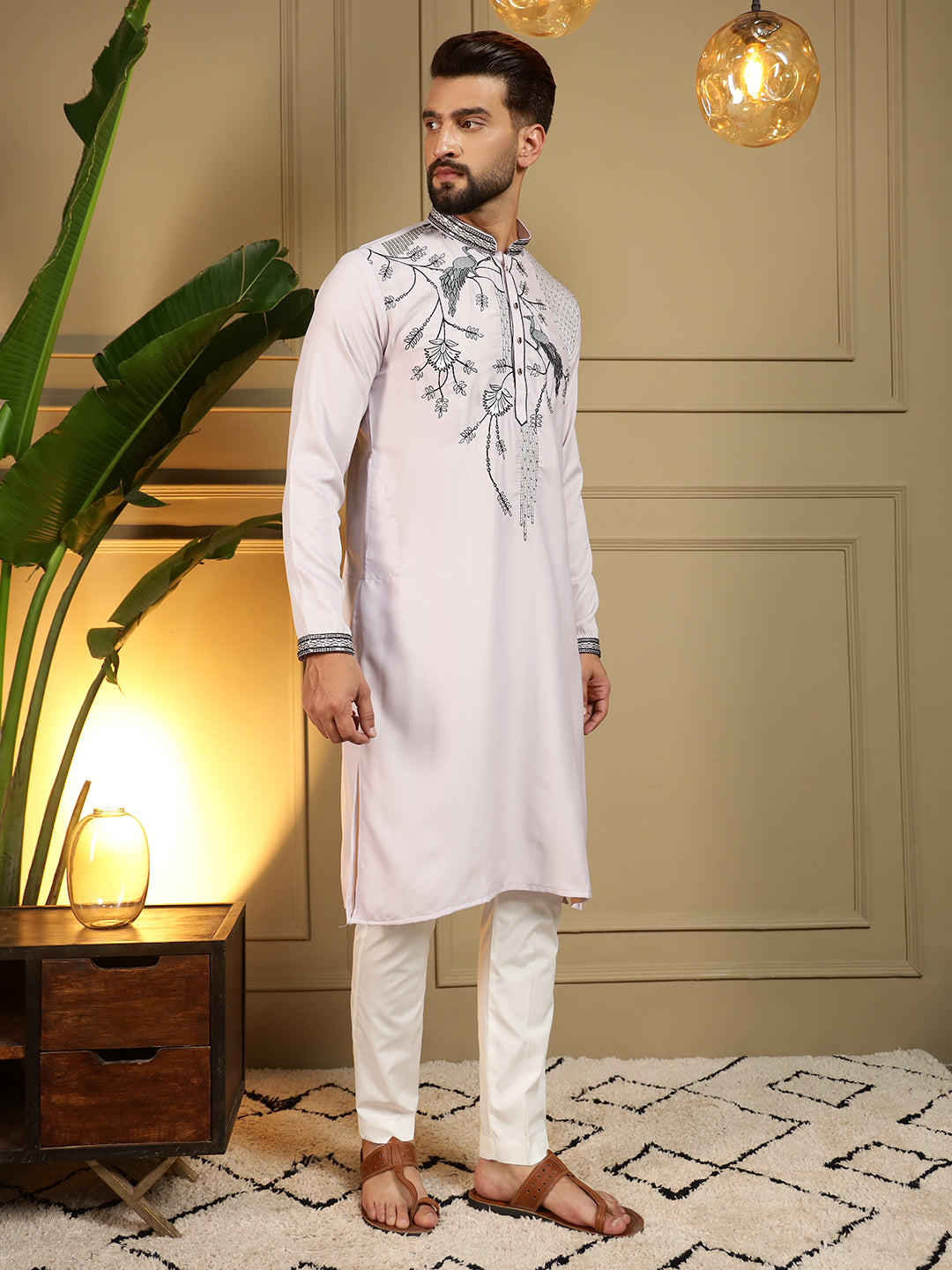 Jyoti Fashion Men's Lavender Viscose Silk Sequins Embroidered Kurta with Pajama | Grocsy