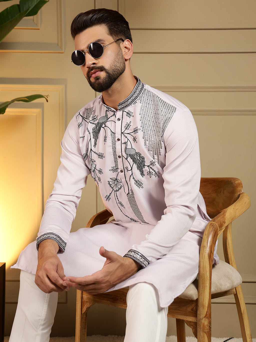 Jyoti Fashion Men's Lavender Viscose Silk Sequins Embroidered Kurta with Pajama | Grocsy