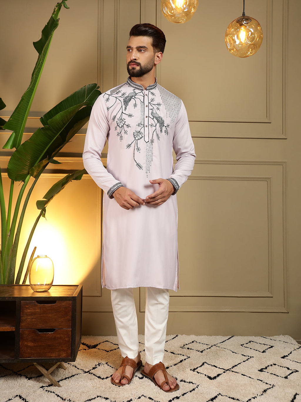 Jyoti Fashion Men's Lavender Viscose Silk Sequins Embroidered Kurta with Pajama | Grocsy