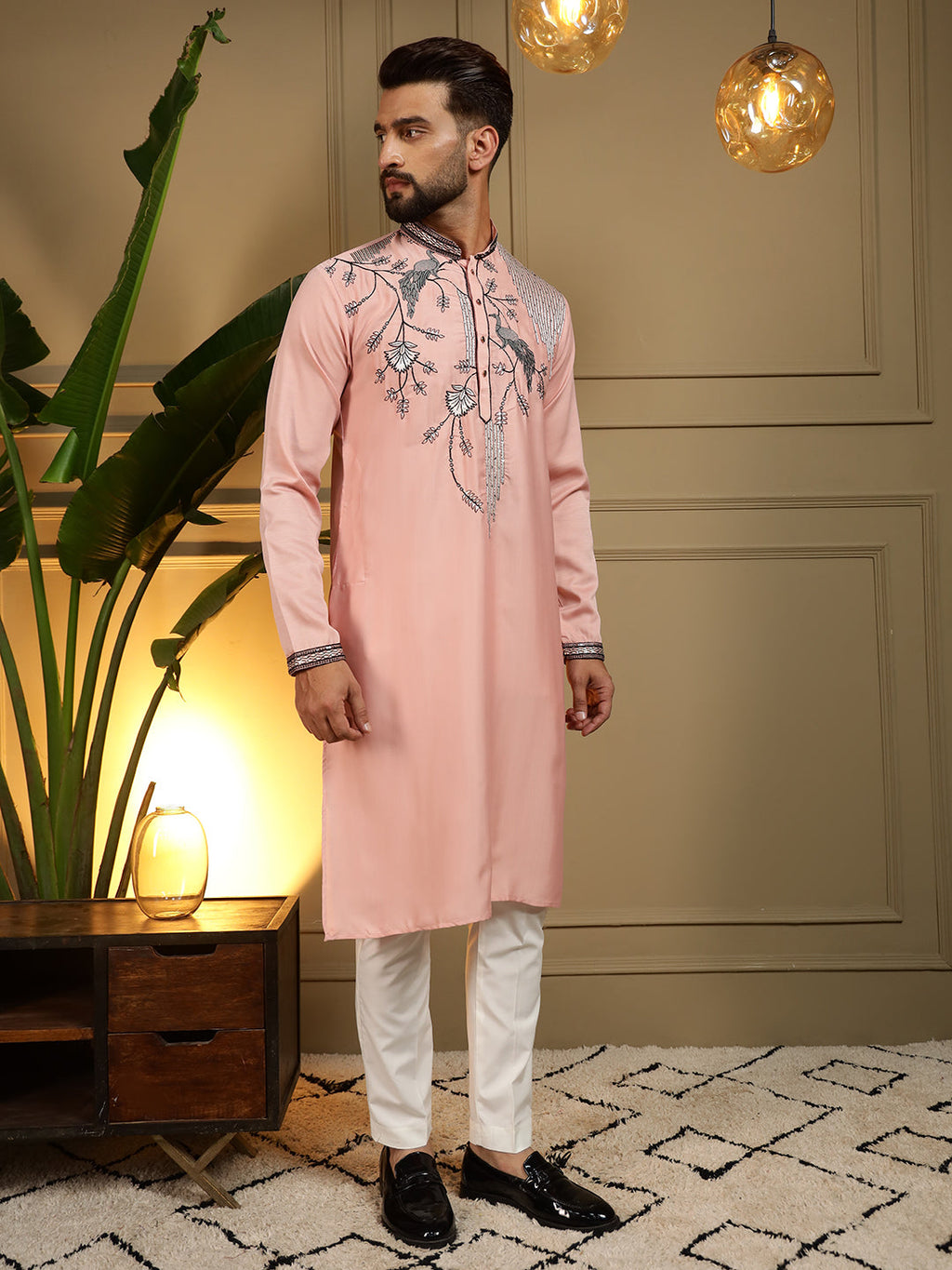 Jyoti Fashion Men's Peach Viscose Silk Sequins Embroidered Kurta with Pajama | Grocsy