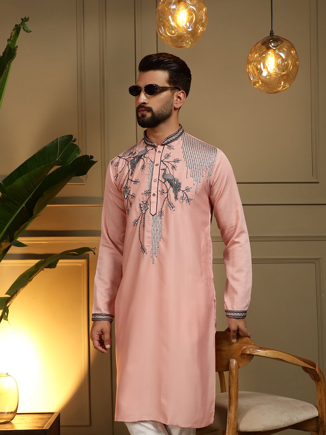 Jyoti Fashion Men's Peach Viscose Silk Sequins Embroidered Kurta with Pajama | Grocsy