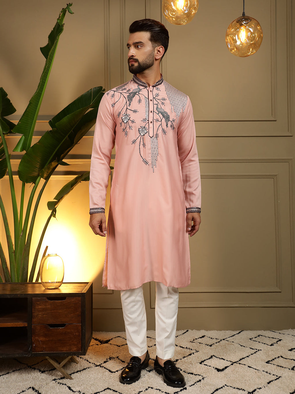 Jyoti Fashion Men's Peach Viscose Silk Sequins Embroidered Kurta with Pajama | Grocsy