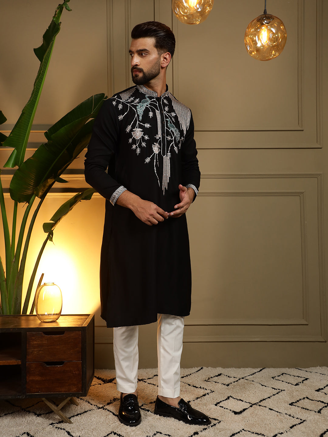 Jyoti Fashion Men's Black Viscose Silk Sequins Embroidered Kurta with Pajama | Grocsy