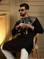 Jyoti Fashion Men's Black Viscose Silk Sequins Embroidered Kurta with Pajama | Grocsy