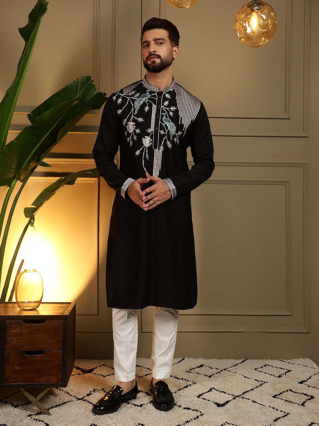 Jyoti Fashion Men's Black Viscose Silk Sequins Embroidered Kurta with Pajama | Grocsy