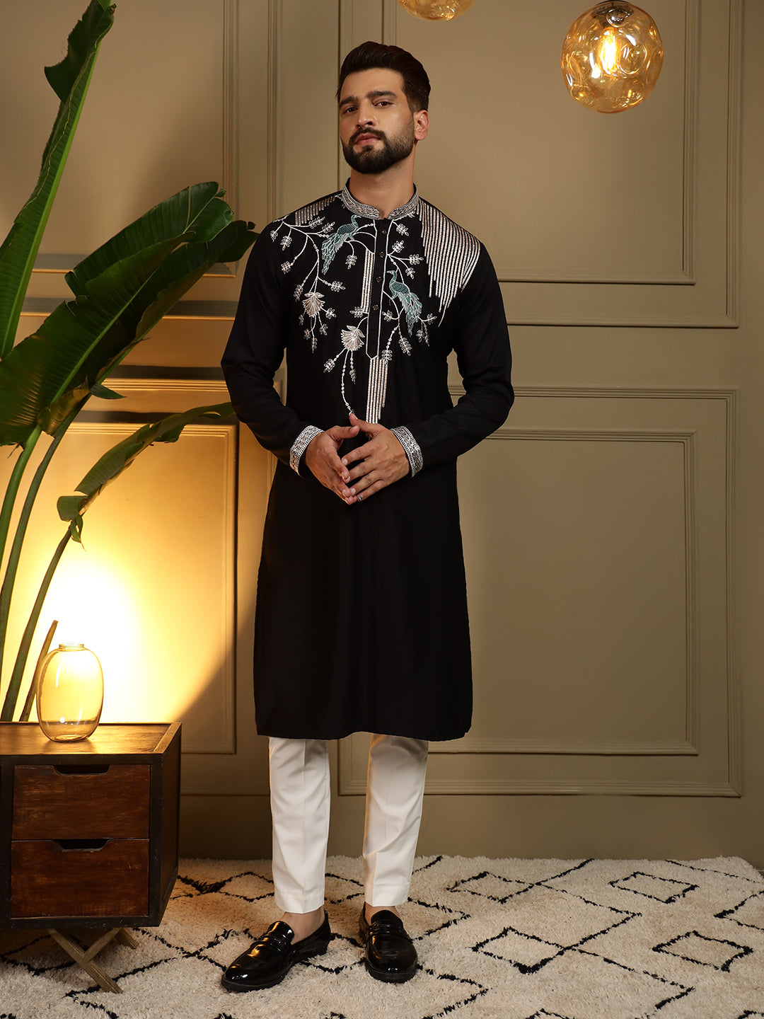 Jyoti Fashion Men's Black Viscose Silk Sequins Embroidered Kurta with Pajama | Grocsy