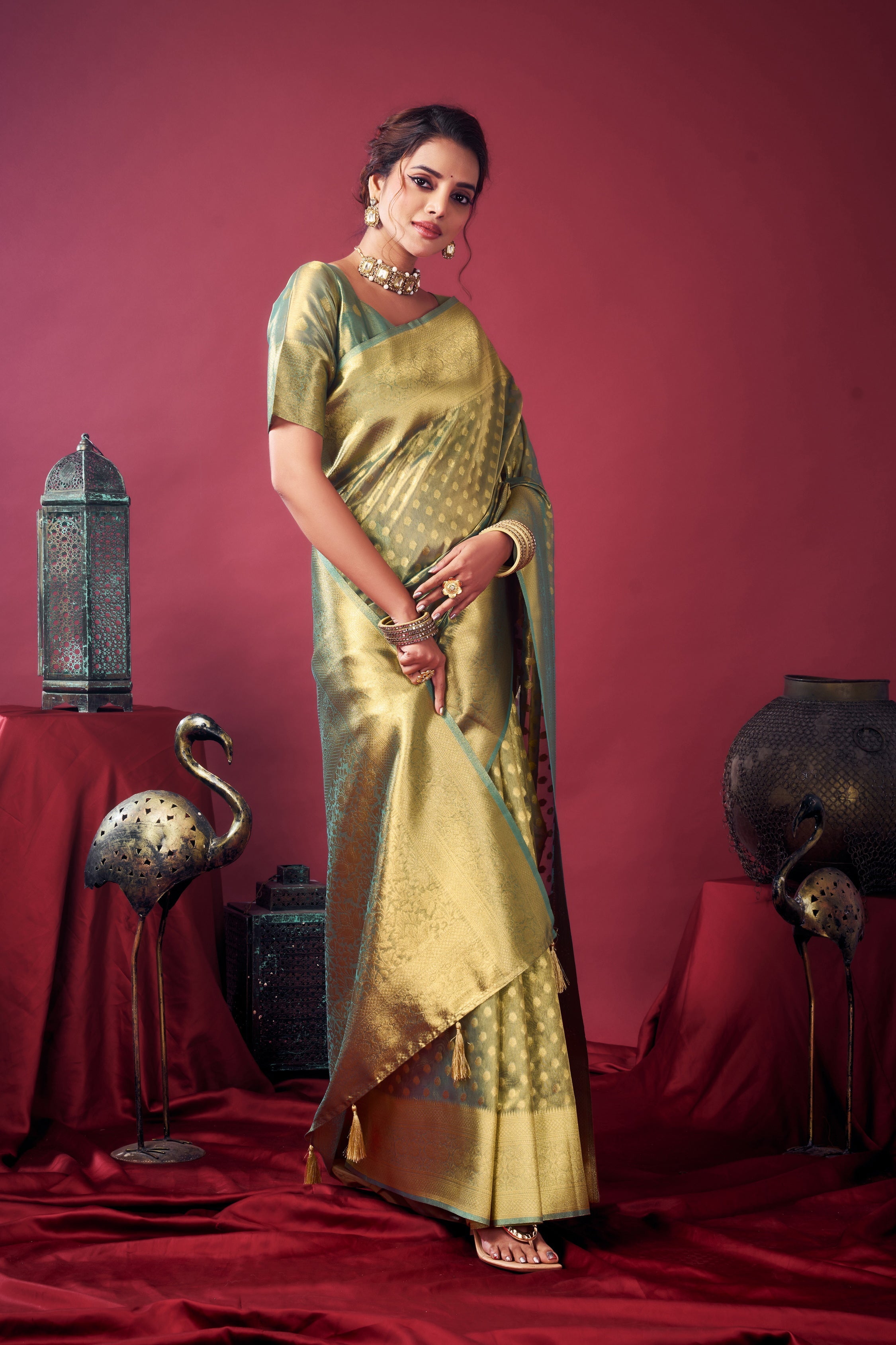 Jyoti Fashion Women's Grey Tissue Silk Zari Woven Saree with Blouse | Grocsy
