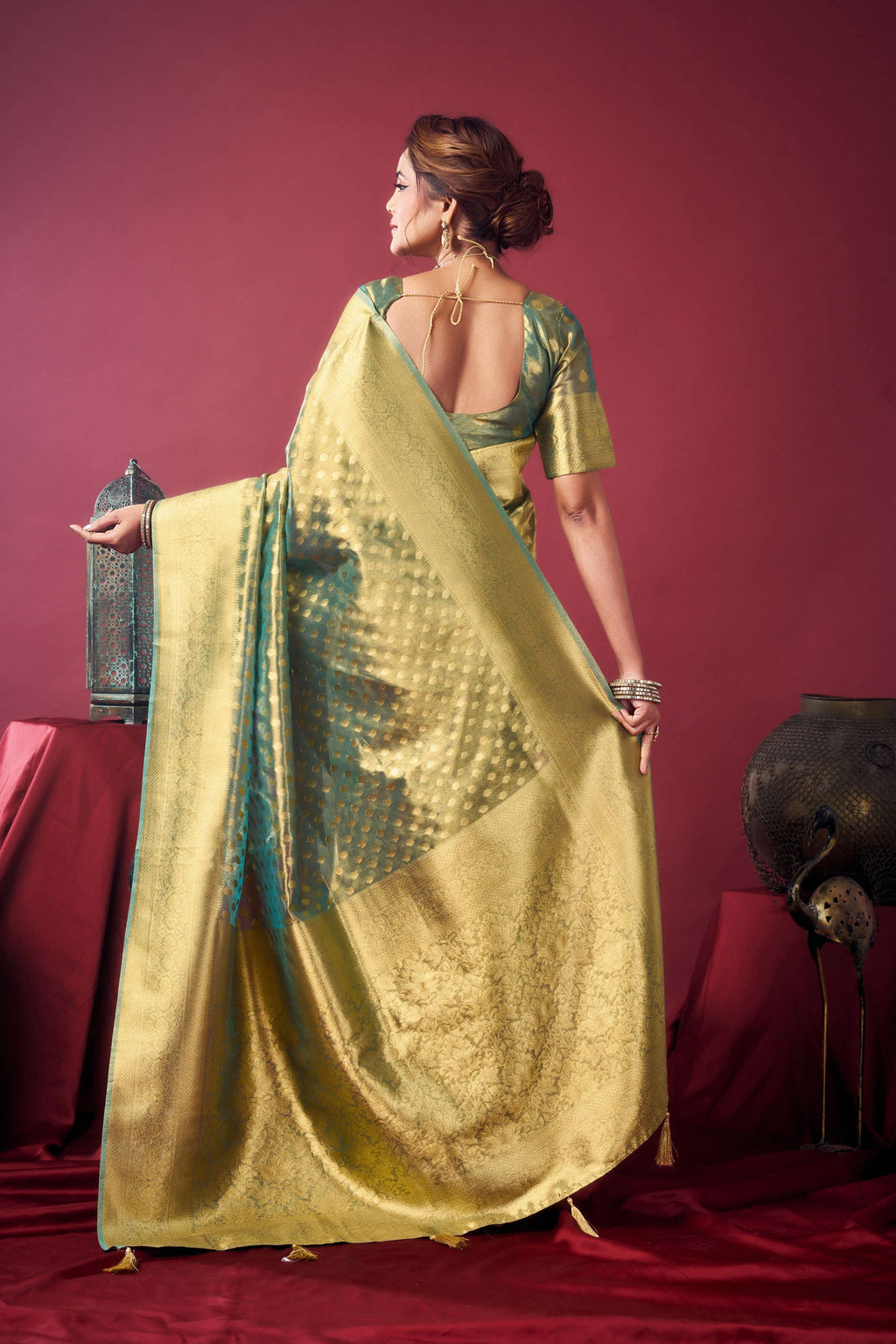 Jyoti Fashion Women's Grey Tissue Silk Zari Woven Saree with Blouse | Grocsy