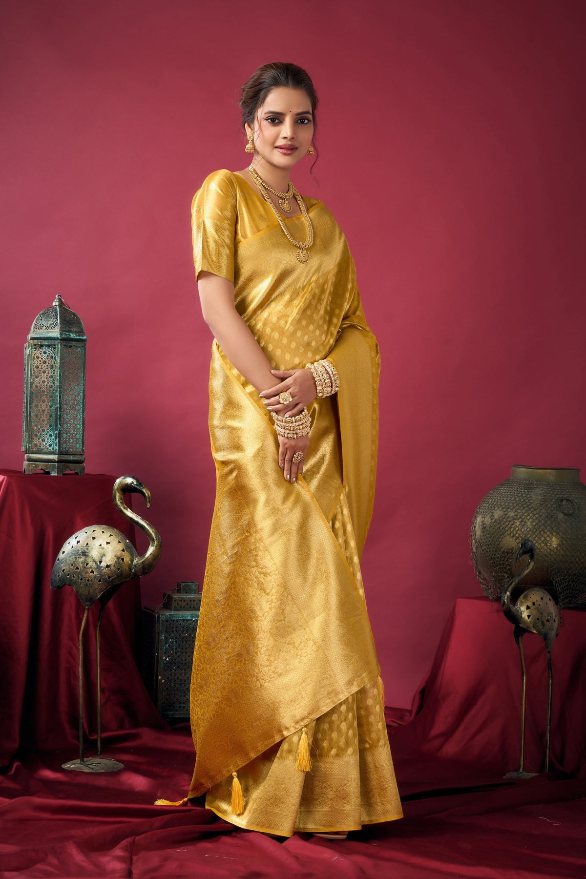 Jyoti Fashion Women's Mustard Tissue Silk Zari Woven Saree with Blouse | Grocsy