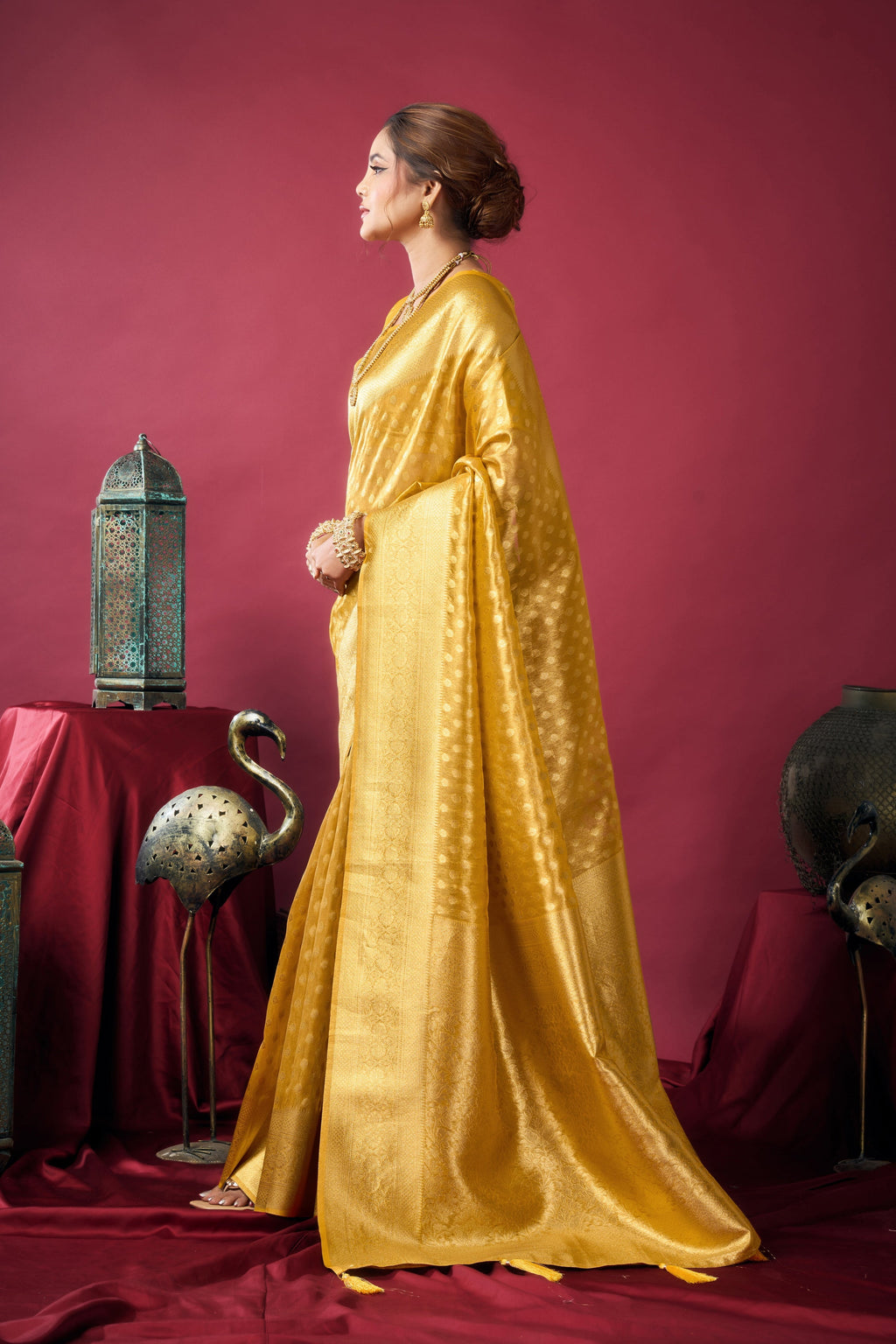Jyoti Fashion Women's Mustard Tissue Silk Zari Woven Saree with Blouse | Grocsy