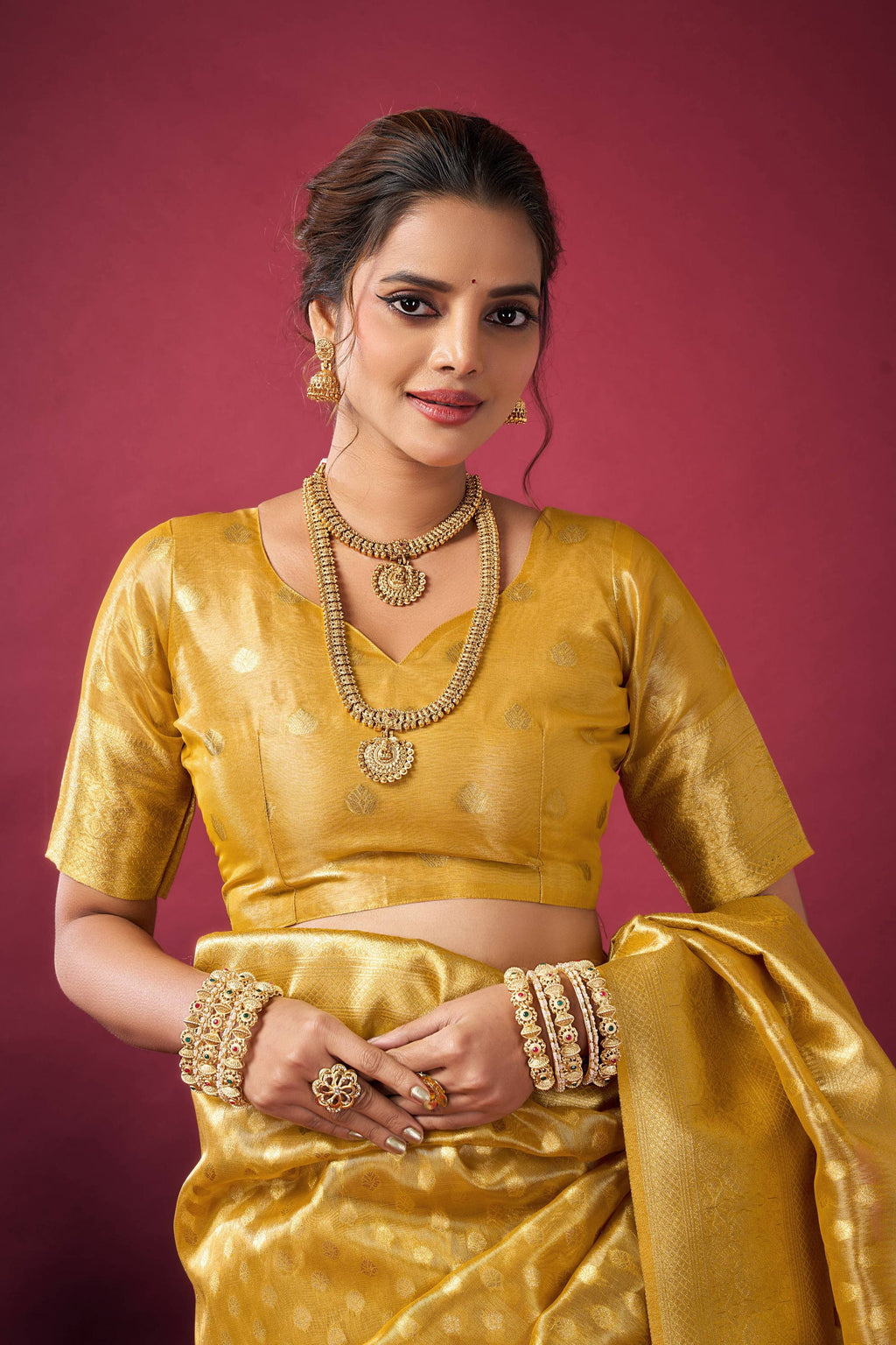 Jyoti Fashion Women's Mustard Tissue Silk Zari Woven Saree with Blouse | Grocsy