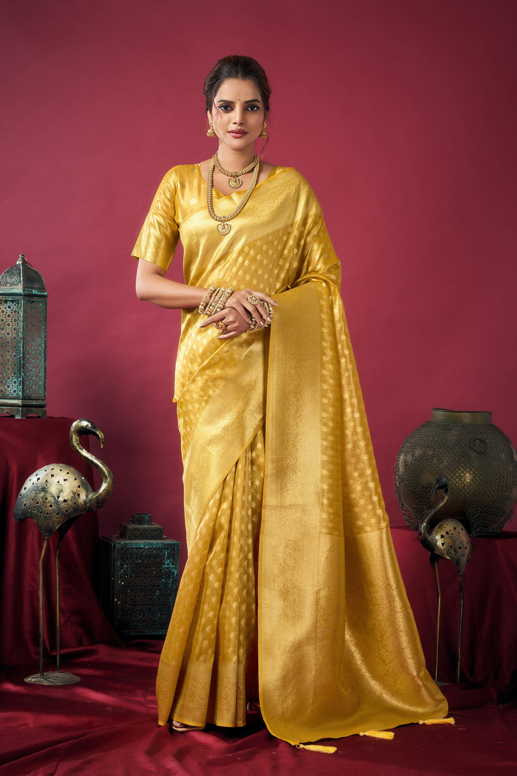 Jyoti Fashion Women's Mustard Tissue Silk Zari Woven Saree with Blouse | Grocsy