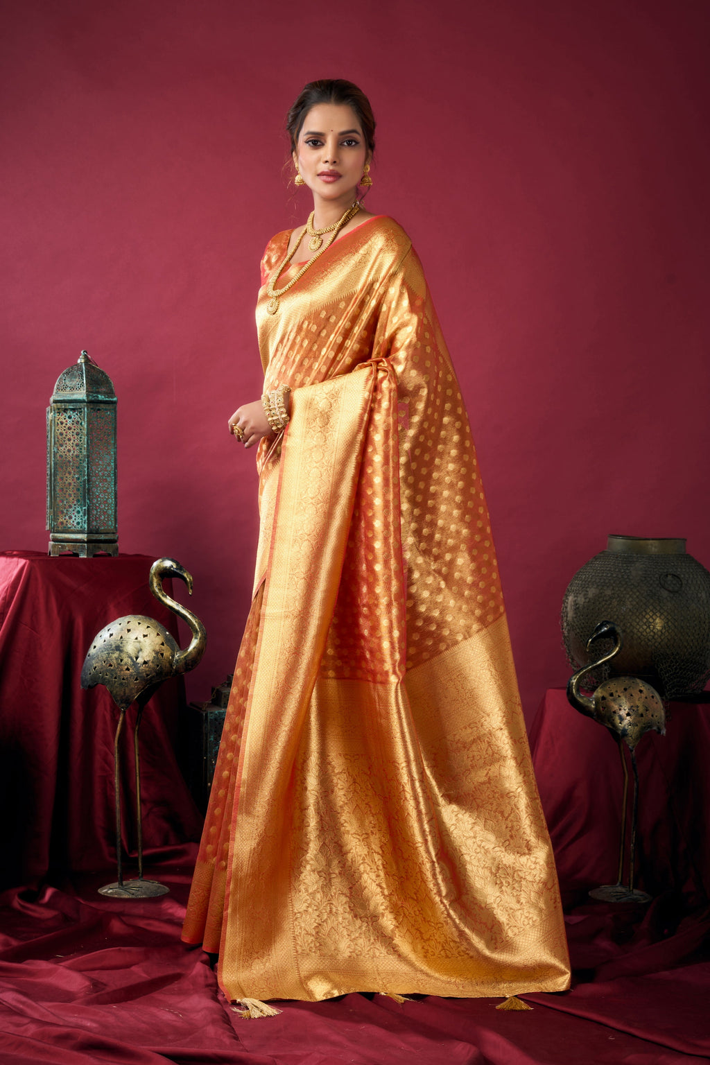 Jyoti Fashion Women's Orange Tissue Silk Zari Woven Saree with Blouse | Grocsy