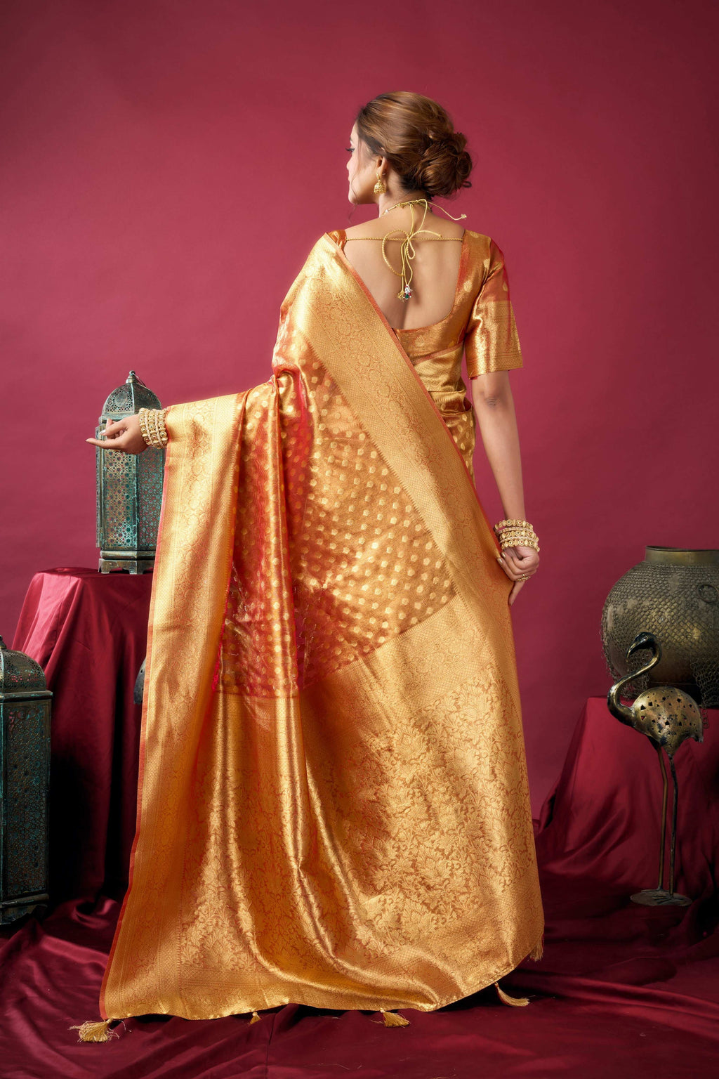 Jyoti Fashion Women's Orange Tissue Silk Zari Woven Saree with Blouse | Grocsy