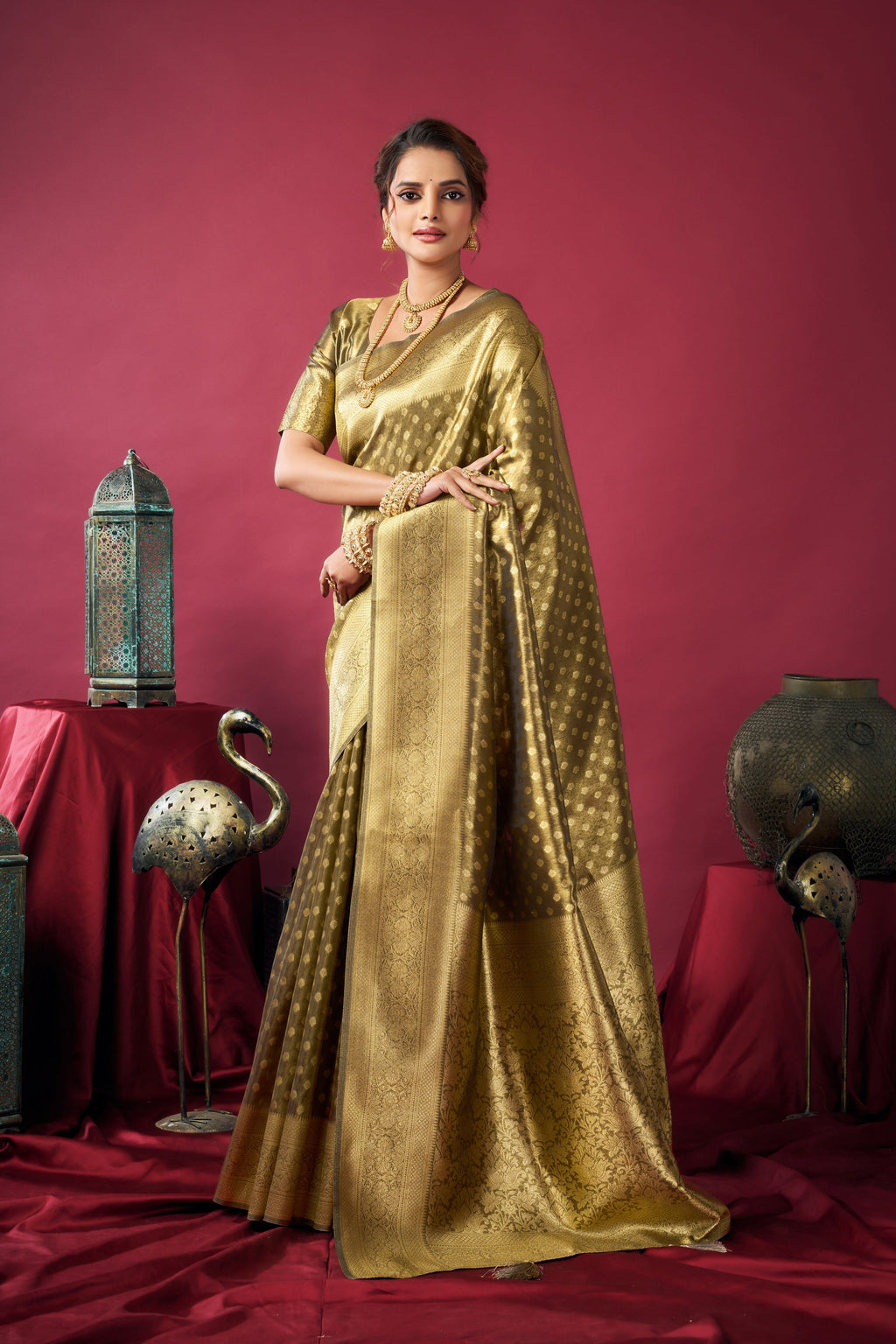 Jyoti Fashion Women's Mehendi Tissue Silk Zari Woven Saree with Blouse | Grocsy