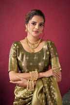 Jyoti Fashion Women's Mehendi Tissue Silk Zari Woven Saree with Blouse | Grocsy