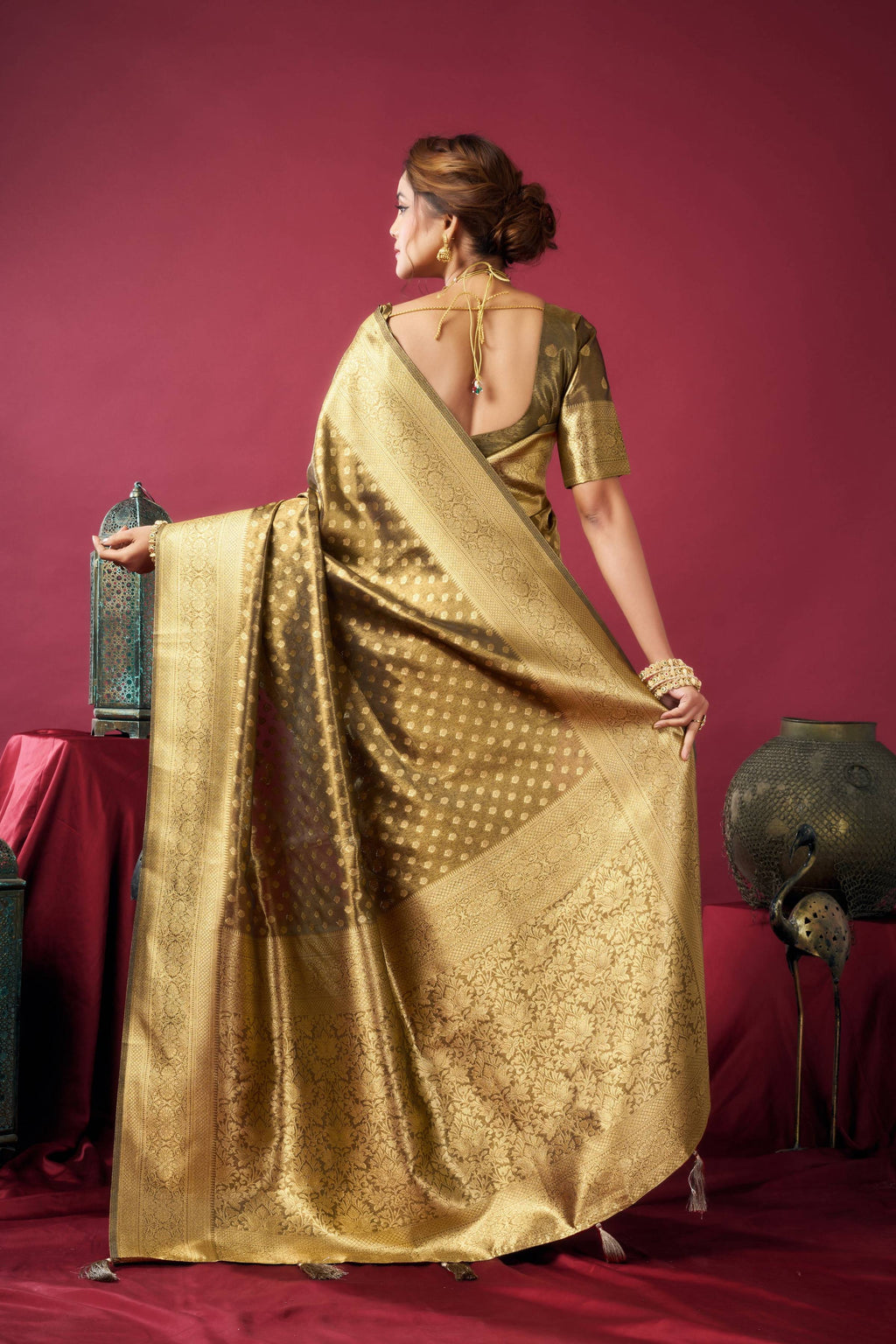 Jyoti Fashion Women's Mehendi Tissue Silk Zari Woven Saree with Blouse | Grocsy