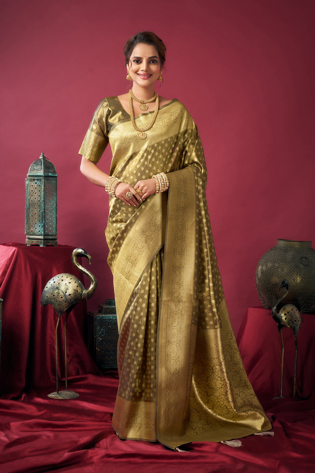 Jyoti Fashion Women's Mehendi Tissue Silk Zari Woven Saree with Blouse | Grocsy