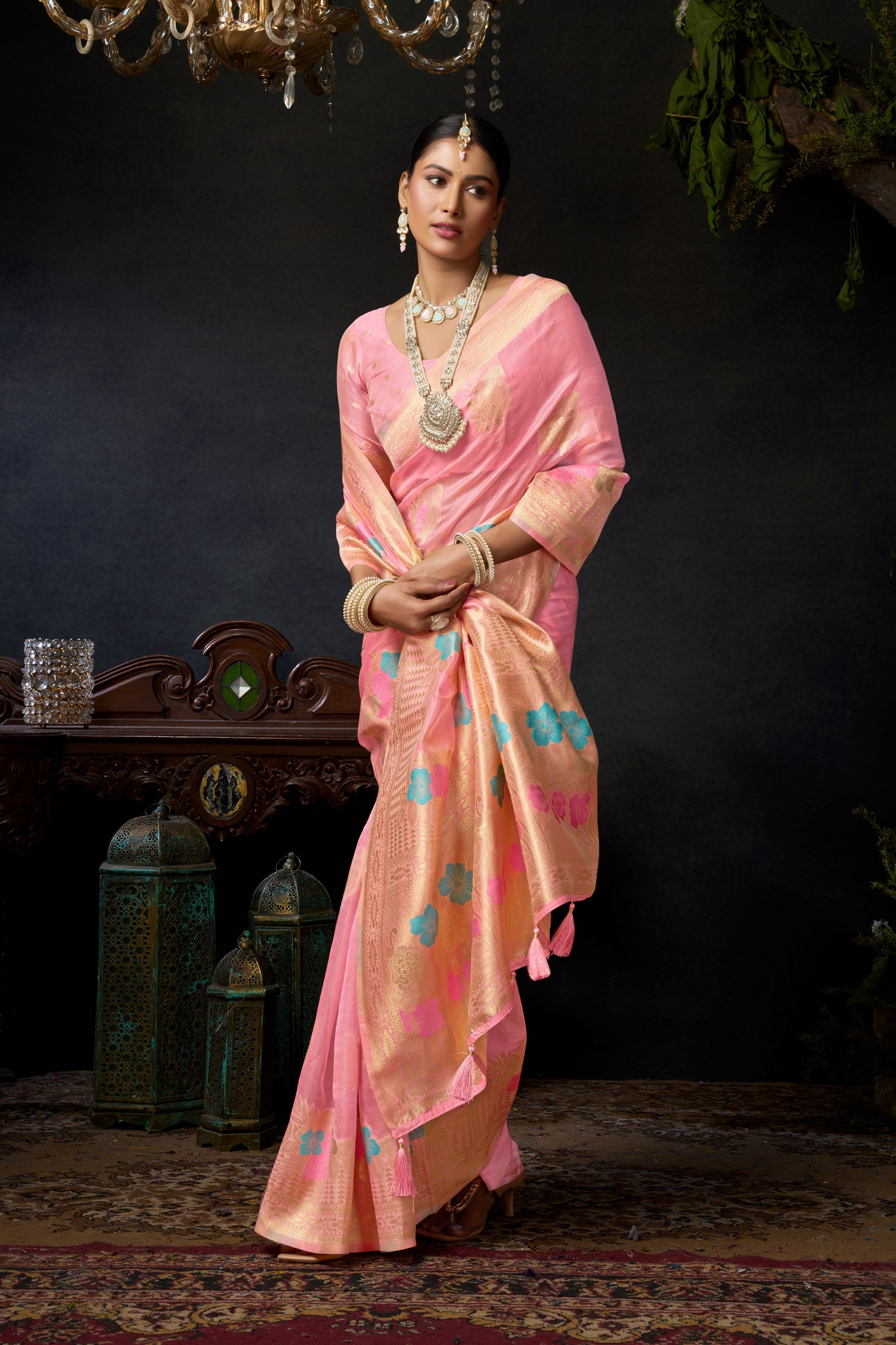 Jyoti Fashion Women's Baby Pink Organza Khadi Zari Woven Saree with Blouse | Grocsy