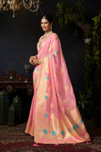 Jyoti Fashion Women's Baby Pink Organza Khadi Zari Woven Saree with Blouse | Grocsy