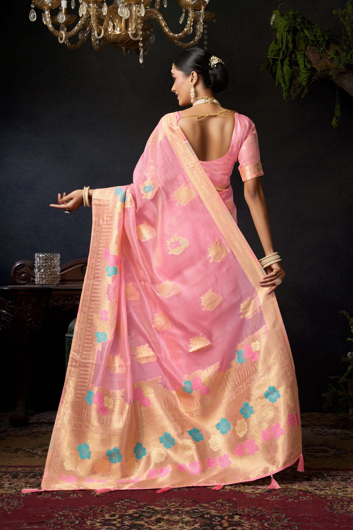 Jyoti Fashion Women's Baby Pink Organza Khadi Zari Woven Saree with Blouse | Grocsy