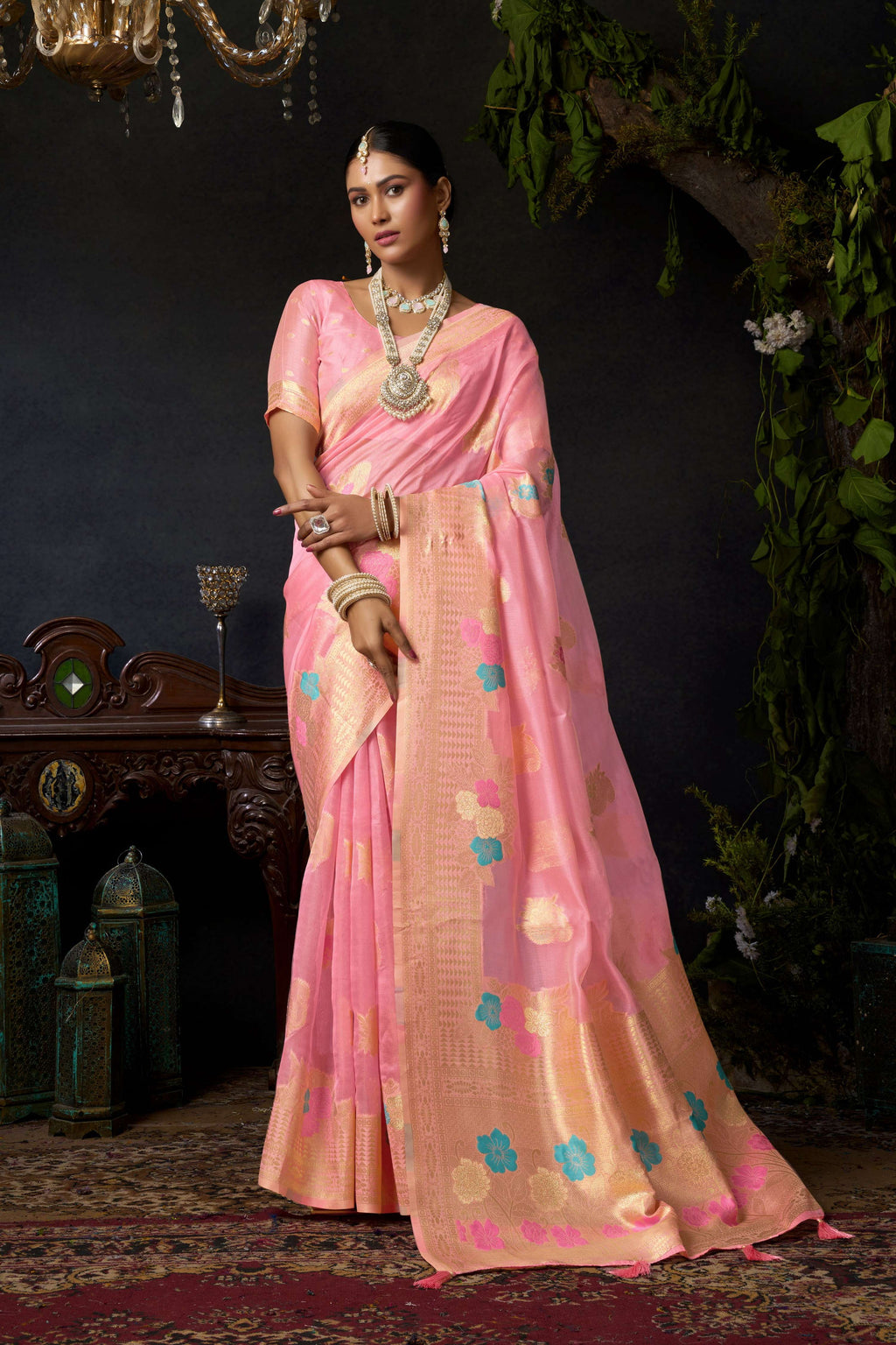 Jyoti Fashion Women's Baby Pink Organza Khadi Zari Woven Saree with Blouse | Grocsy
