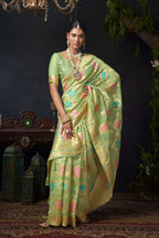 Jyoti Fashion Women's Green Organza Khadi Zari Woven Saree with Blouse | Grocsy