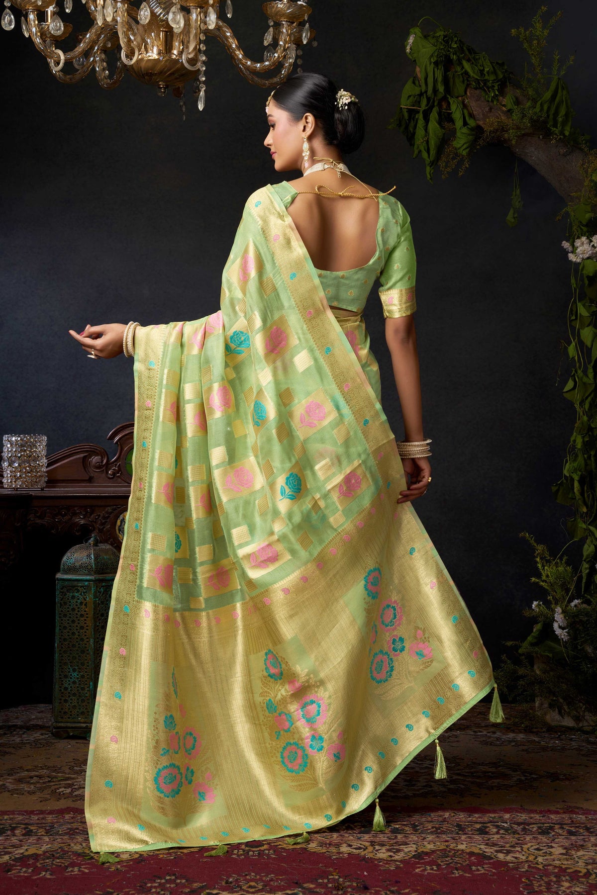Jyoti Fashion Women's Green Organza Khadi Zari Woven Saree with Blouse | Grocsy