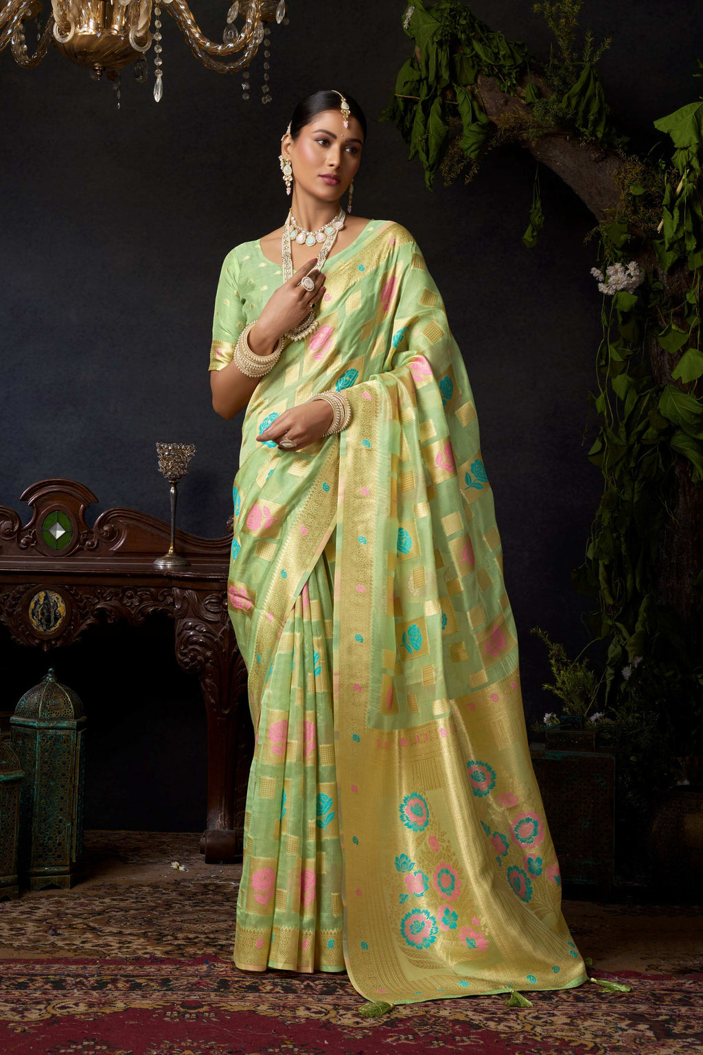 Jyoti Fashion Women's Green Organza Khadi Zari Woven Saree with Blouse | Grocsy