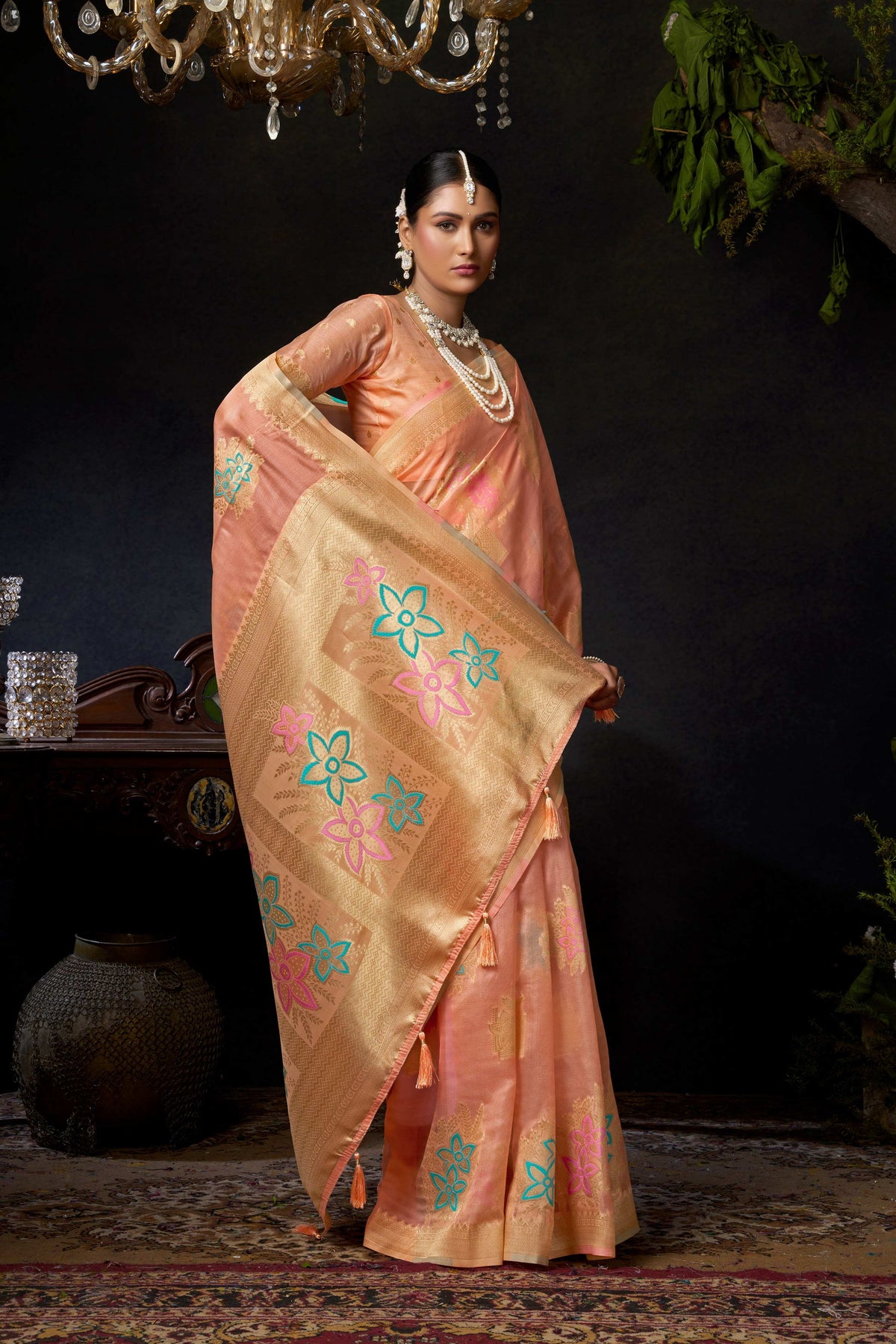 Jyoti Fashion Women's Peach Organza Khadi Zari Woven Saree with Blouse | Grocsy