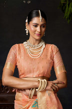 Jyoti Fashion Women's Peach Organza Khadi Zari Woven Saree with Blouse | Grocsy