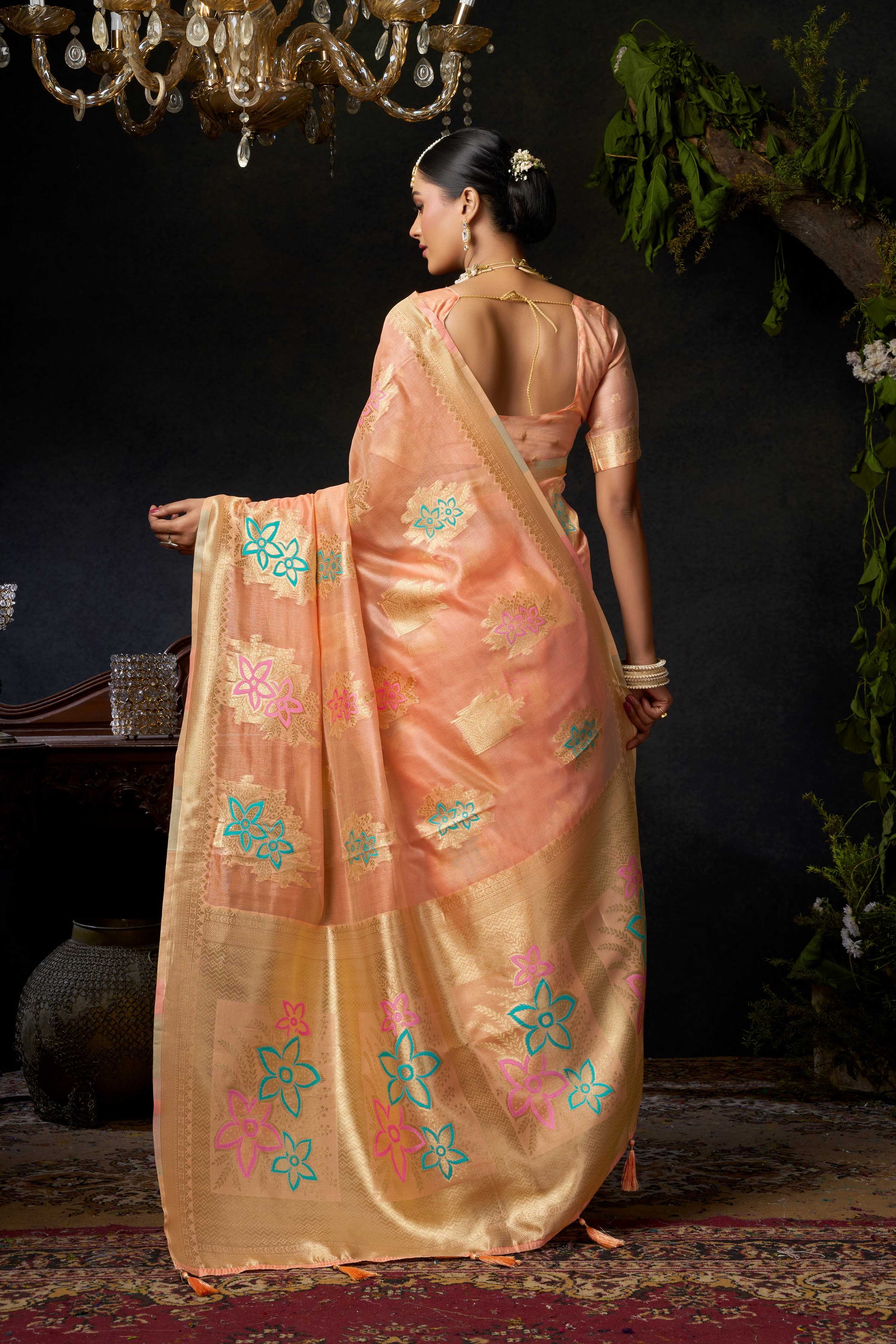 Jyoti Fashion Women's Peach Organza Khadi Zari Woven Saree with Blouse | Grocsy