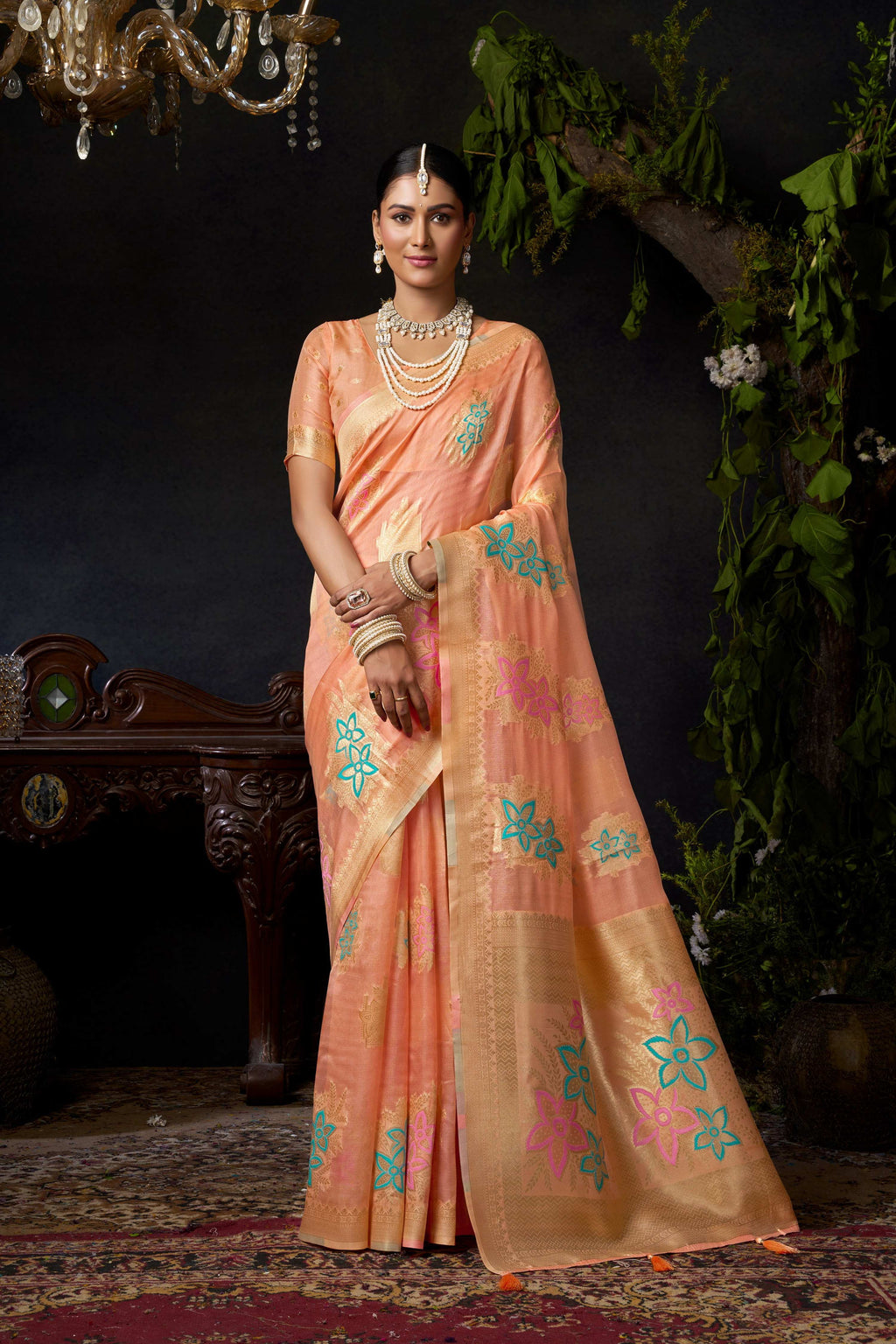 Jyoti Fashion Women's Peach Organza Khadi Zari Woven Saree with Blouse | Grocsy
