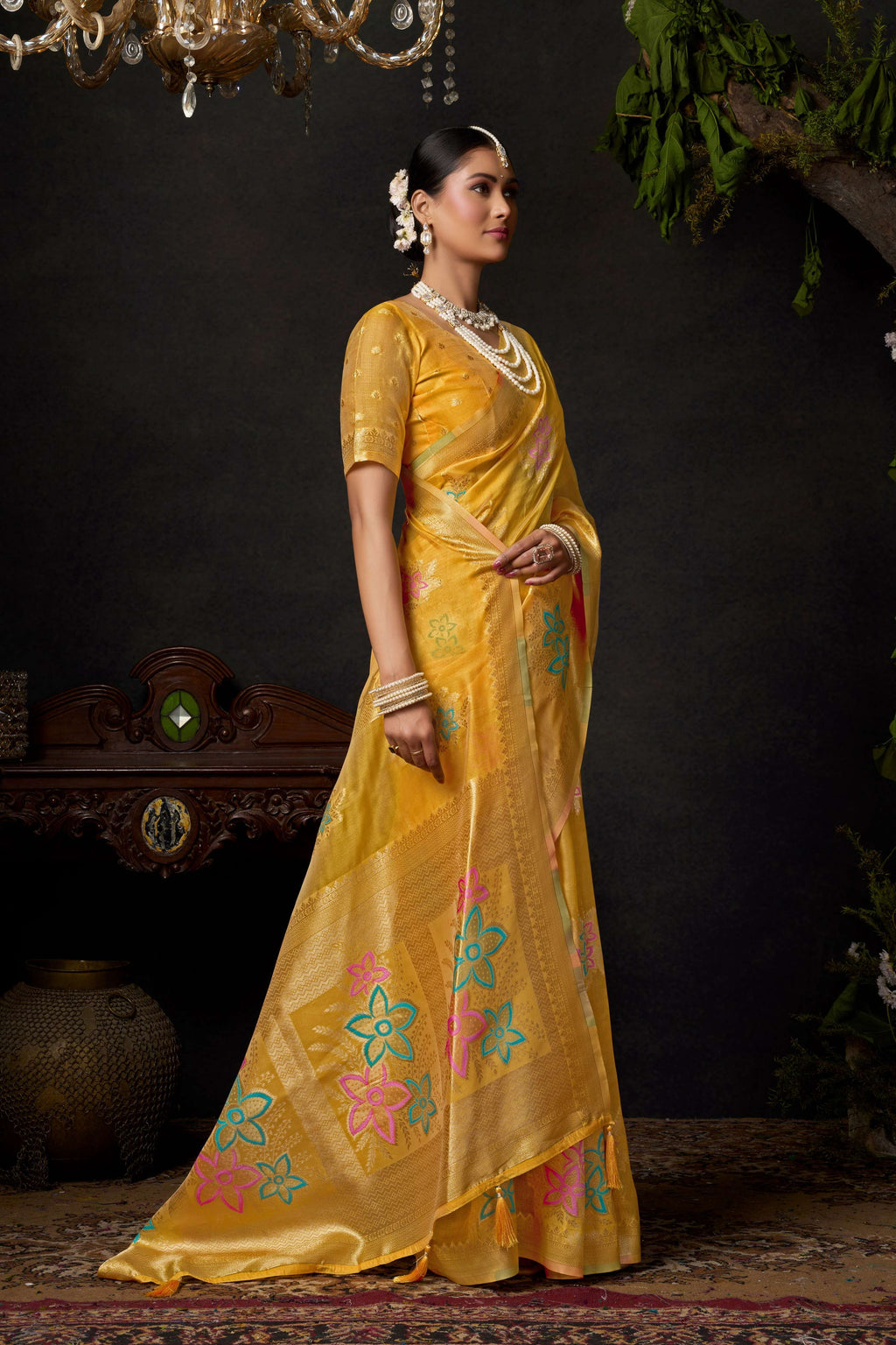 Jyoti Fashion Women's Yellow Organza Khadi Zari Woven Saree with Blouse | Grocsy