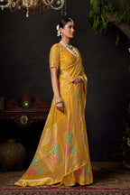 Jyoti Fashion Women's Yellow Organza Khadi Zari Woven Saree with Blouse | Grocsy