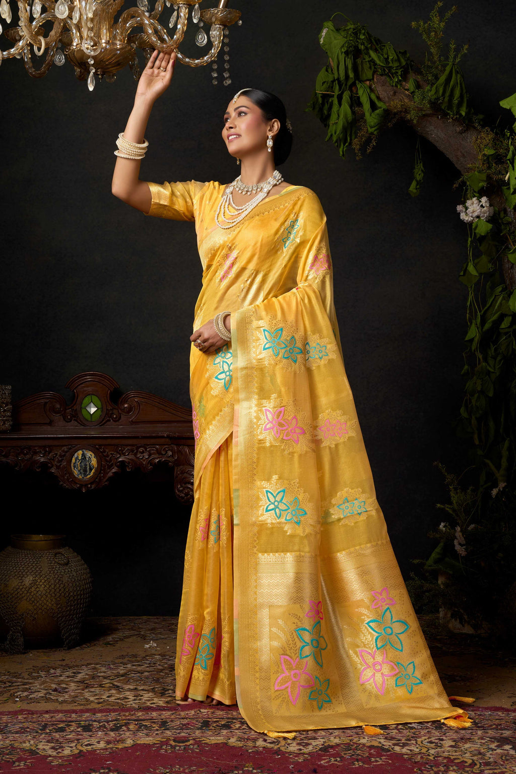 Jyoti Fashion Women's Yellow Organza Khadi Zari Woven Saree with Blouse | Grocsy