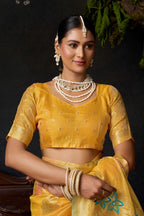Jyoti Fashion Women's Yellow Organza Khadi Zari Woven Saree with Blouse | Grocsy