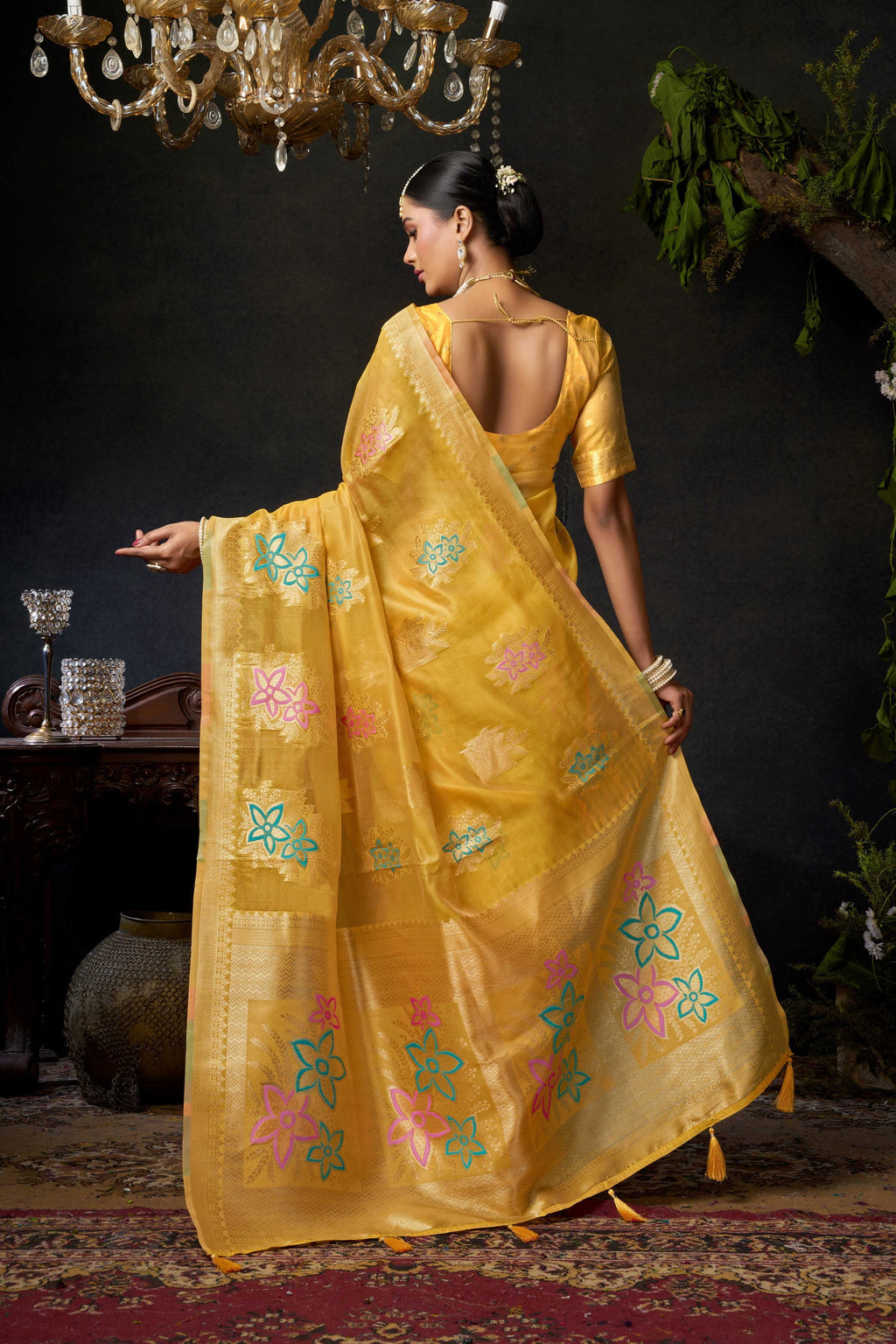 Jyoti Fashion Women's Yellow Organza Khadi Zari Woven Saree with Blouse | Grocsy