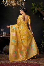 Jyoti Fashion Women's Yellow Organza Khadi Zari Woven Saree with Blouse | Grocsy