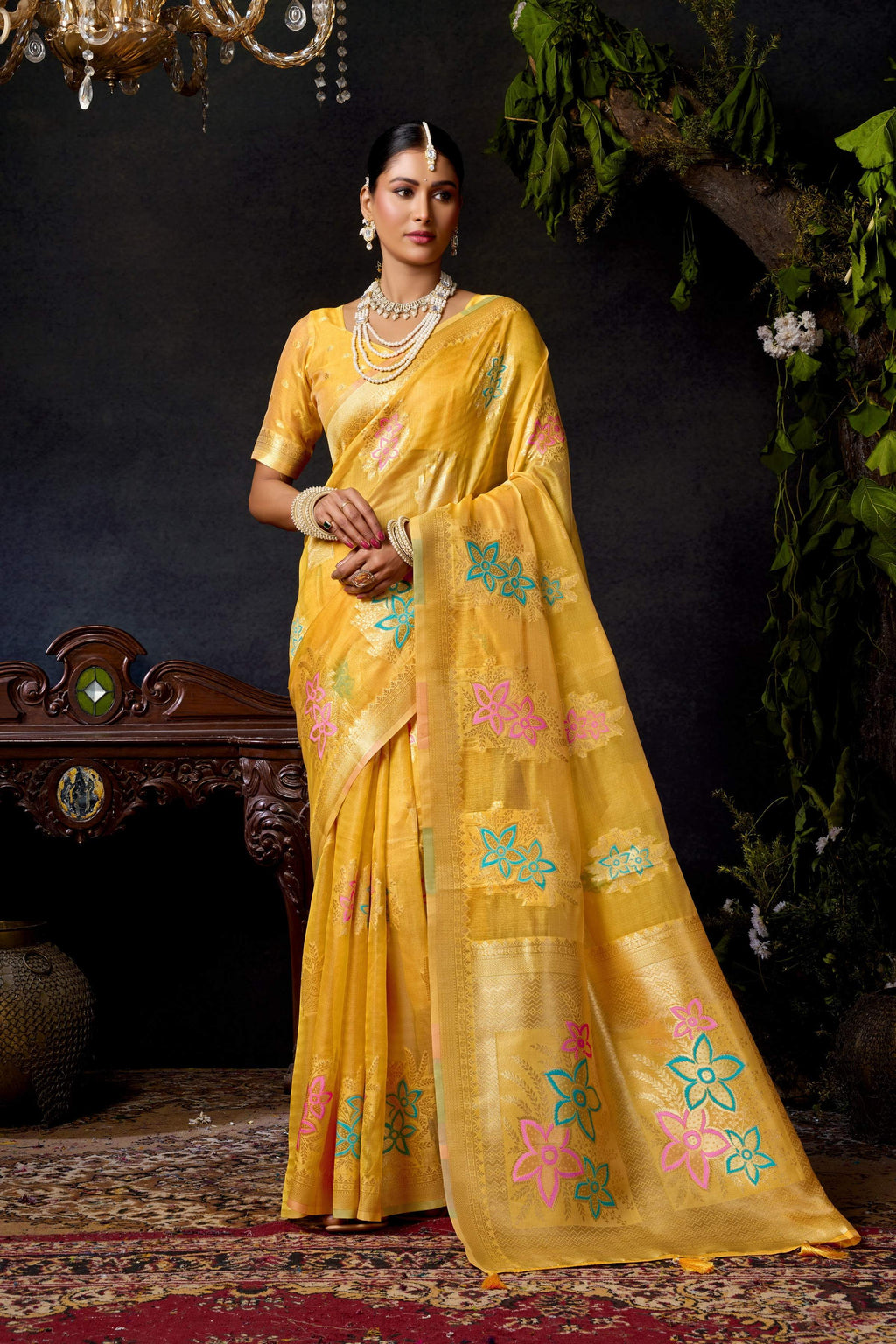 Jyoti Fashion Women's Yellow Organza Khadi Zari Woven Saree with Blouse | Grocsy