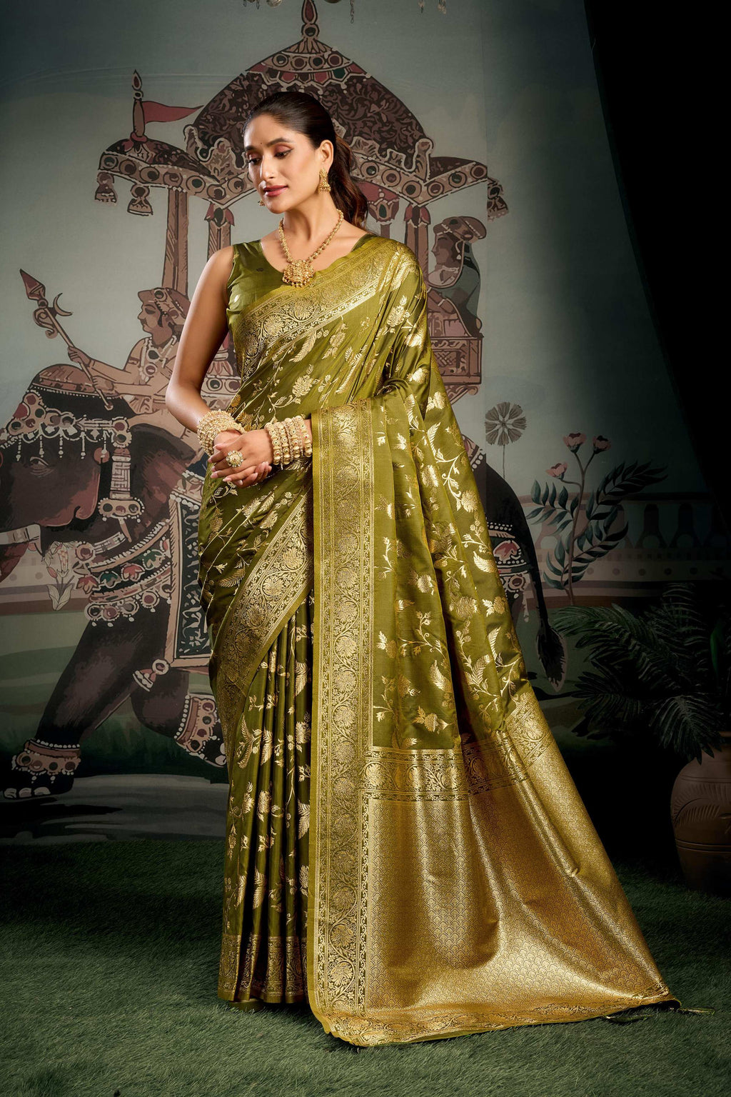 Jyoti Fashion Women's Mehendi Premium Soft Silk Zari Woven Saree with Blouse | Grocsy