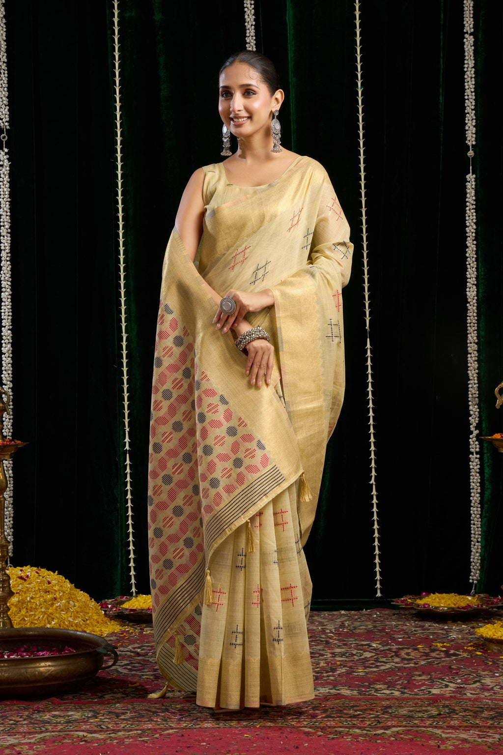 Jyoti Fashion Women's Beige Soft Spun Cotton Zari Woven Saree with Blouse | Grocsy