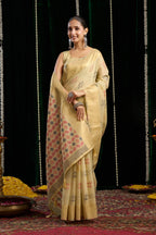 Jyoti Fashion Women's Beige Soft Spun Cotton Zari Woven Saree with Blouse | Grocsy