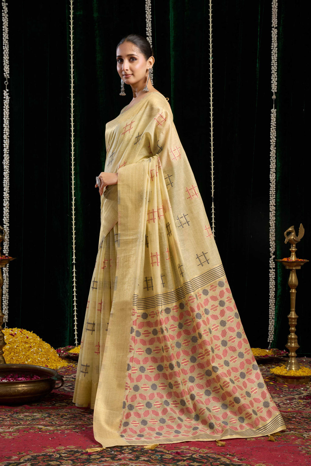 Jyoti Fashion Women's Beige Soft Spun Cotton Zari Woven Saree with Blouse | Grocsy