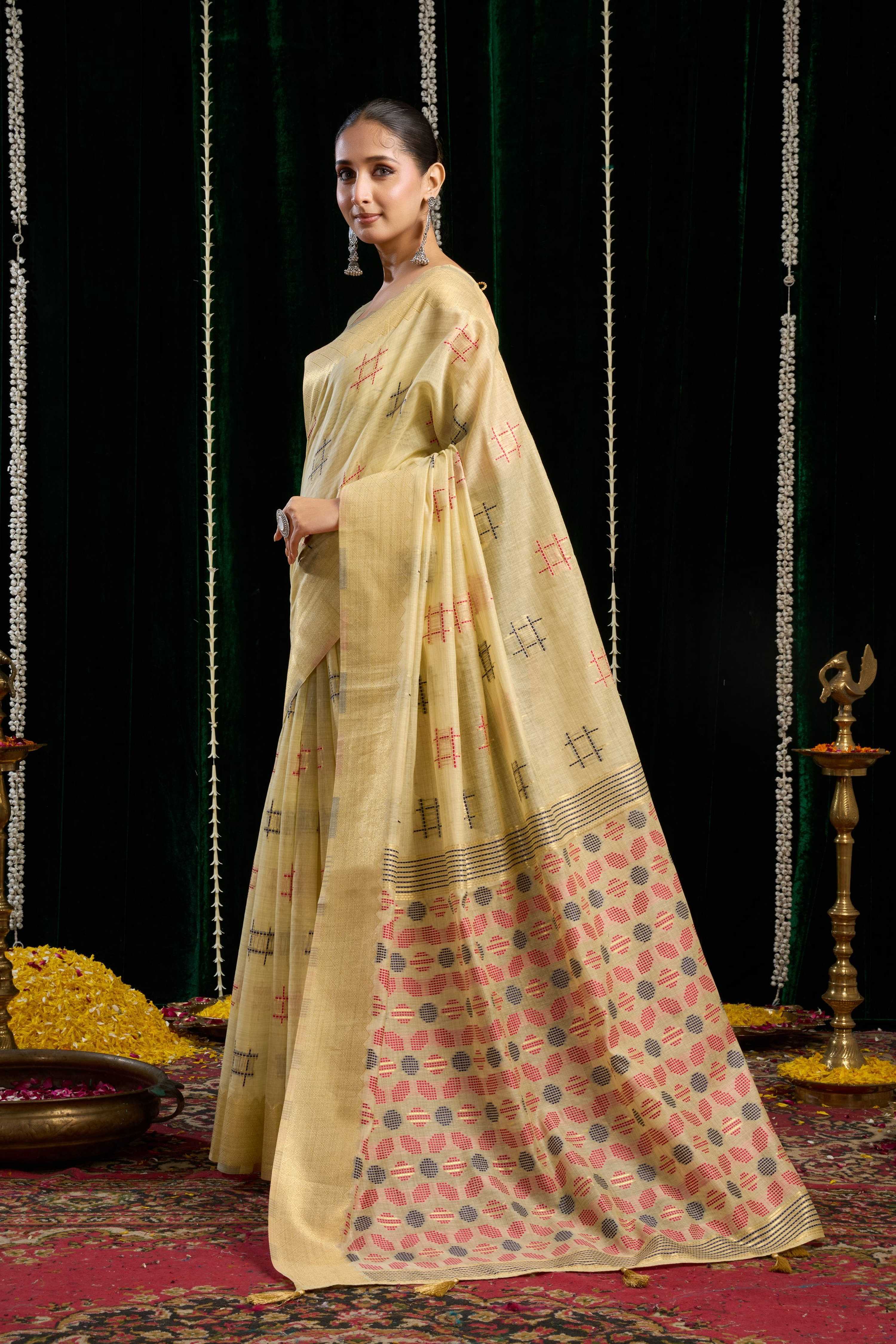 Jyoti Fashion Women's Beige Soft Spun Cotton Zari Woven Saree with Blouse | Grocsy