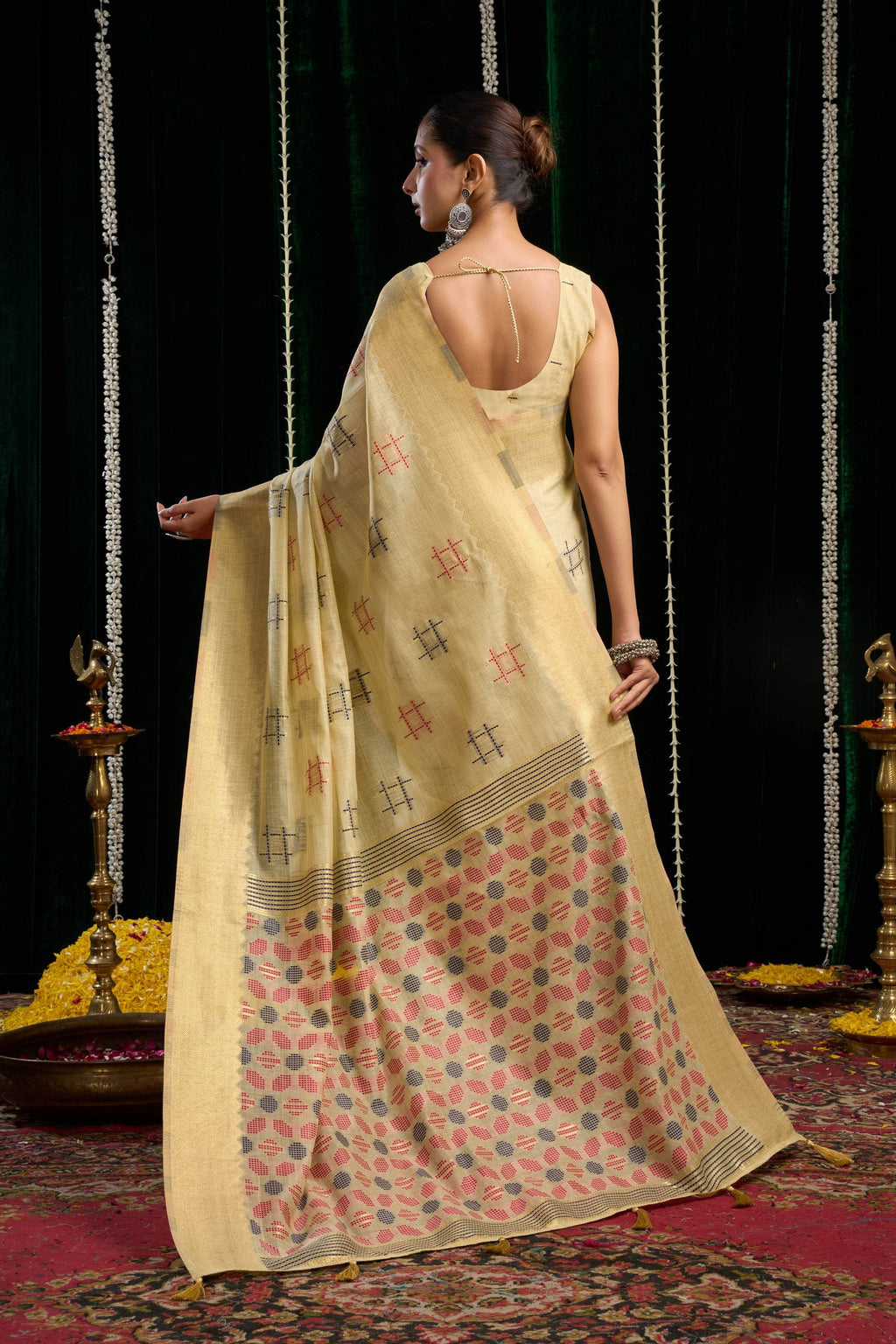 Jyoti Fashion Women's Beige Soft Spun Cotton Zari Woven Saree with Blouse | Grocsy