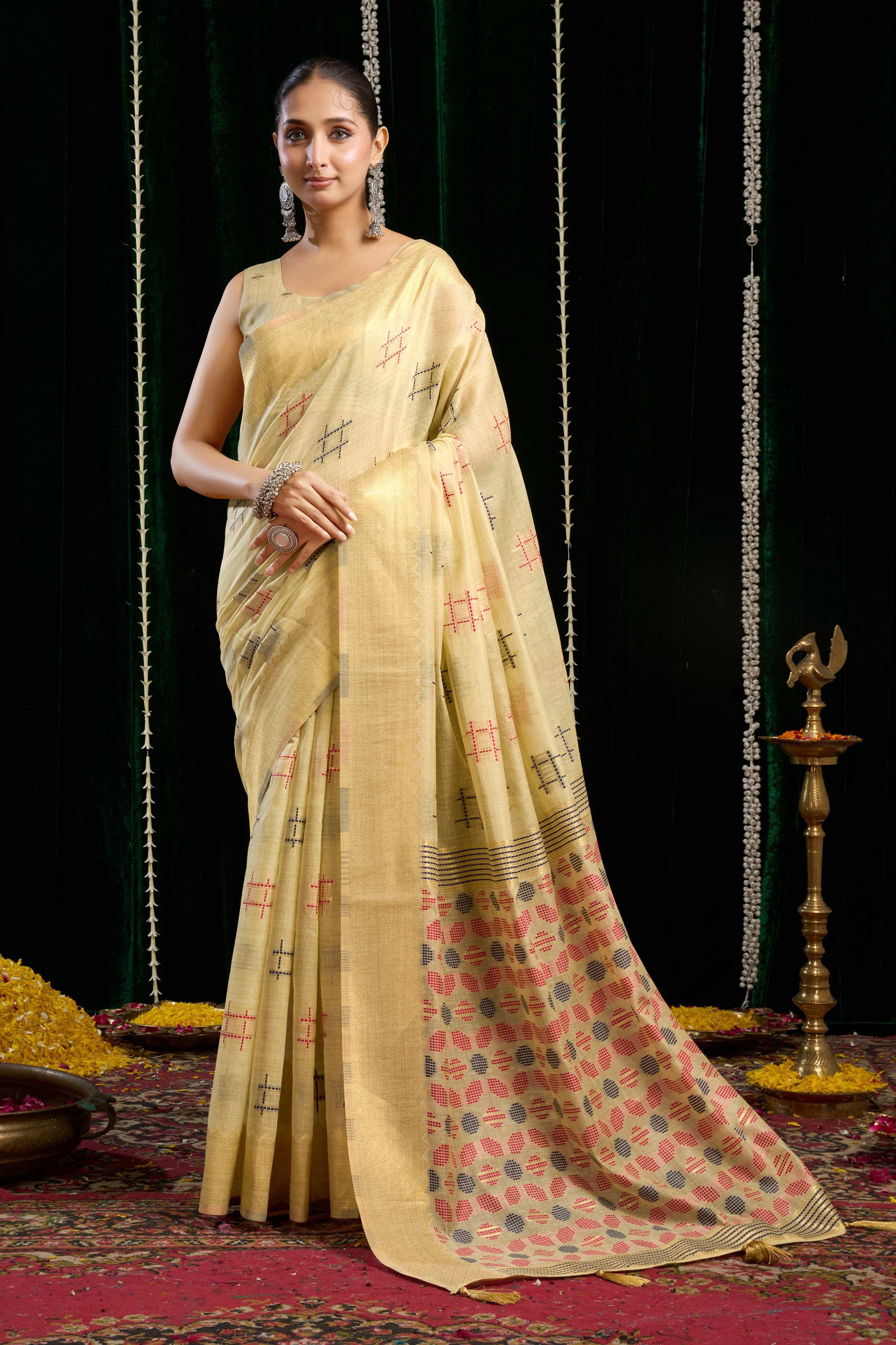 Jyoti Fashion Women's Beige Soft Spun Cotton Zari Woven Saree with Blouse | Grocsy