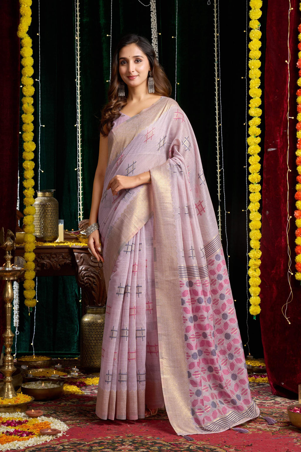 Jyoti Fashion Women's Purple Soft Spun Cotton Zari Woven Saree with Blouse | Grocsy