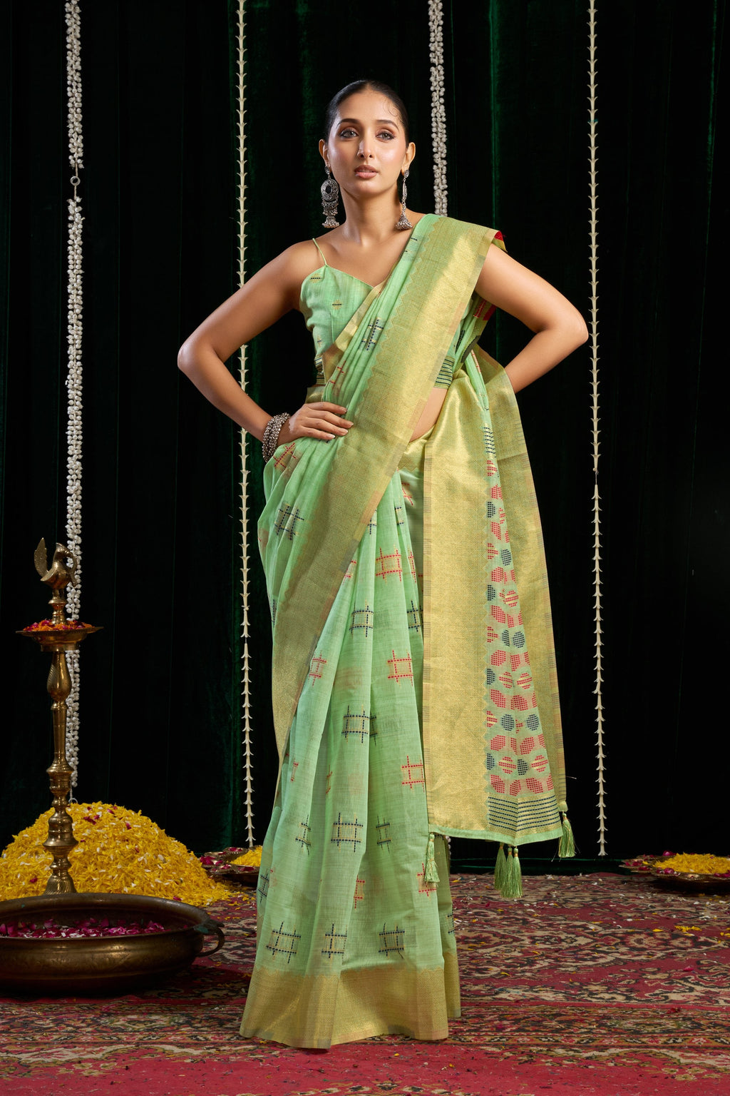 Jyoti Fashion Women's Green Soft Spun Cotton Zari Woven Saree with Blouse | Grocsy
