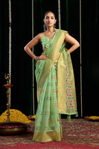 Jyoti Fashion Women's Green Soft Spun Cotton Zari Woven Saree with Blouse | Grocsy